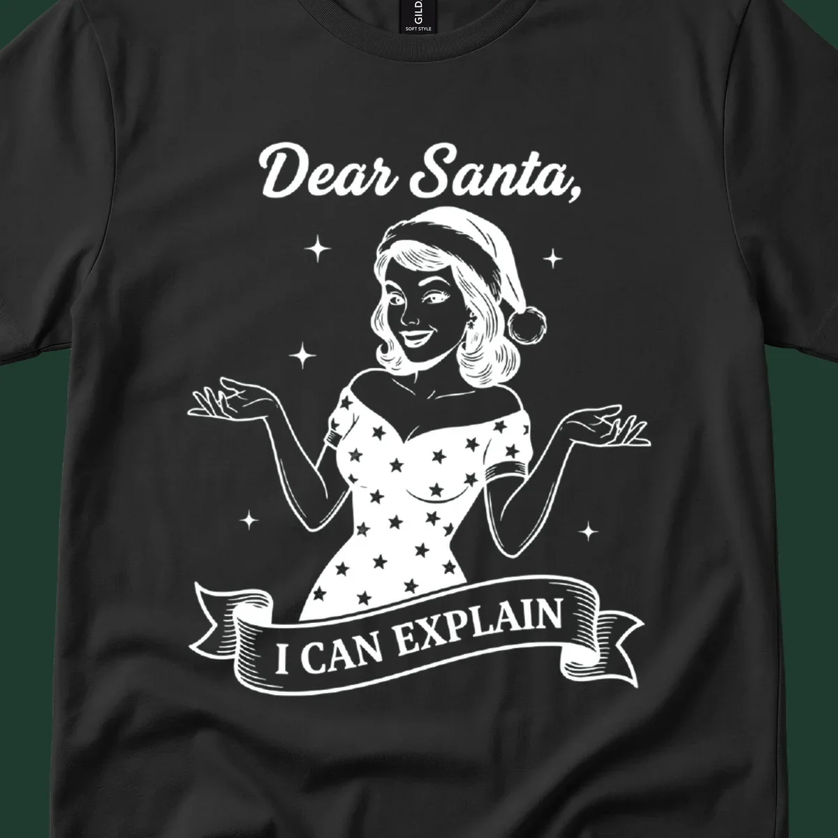 Illustration of a woman in a Santa hat with text 'Dear Santa, I CAN EXPLAIN'.