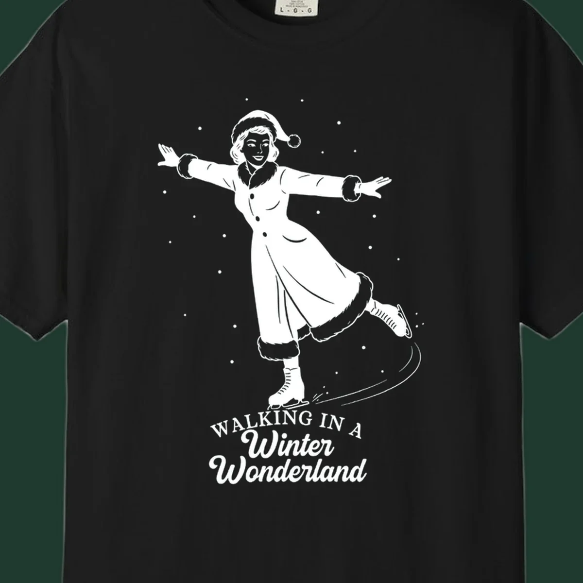 Vintage illustration of a woman ice skating in a winter wonderland with text.