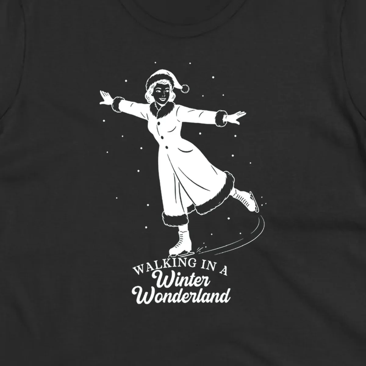 Vintage illustration of a woman ice skating in a winter wonderland with text.