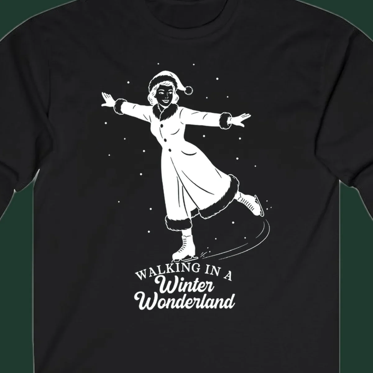 Vintage illustration of a woman ice skating in a winter wonderland with text.