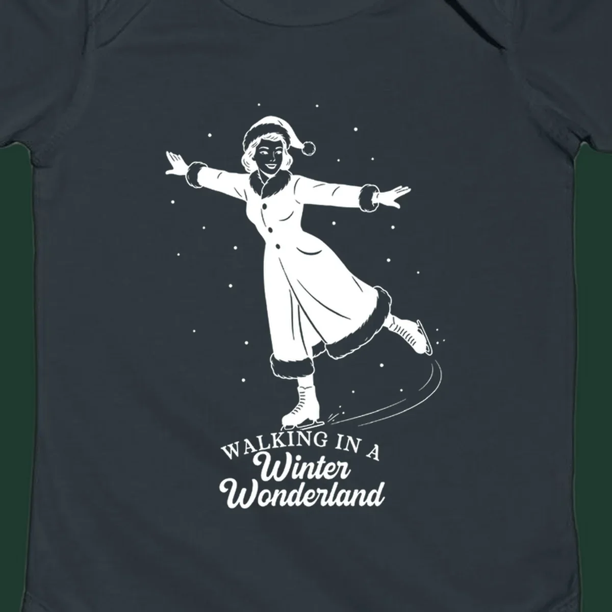 Vintage illustration of a woman ice skating in a winter wonderland with text.