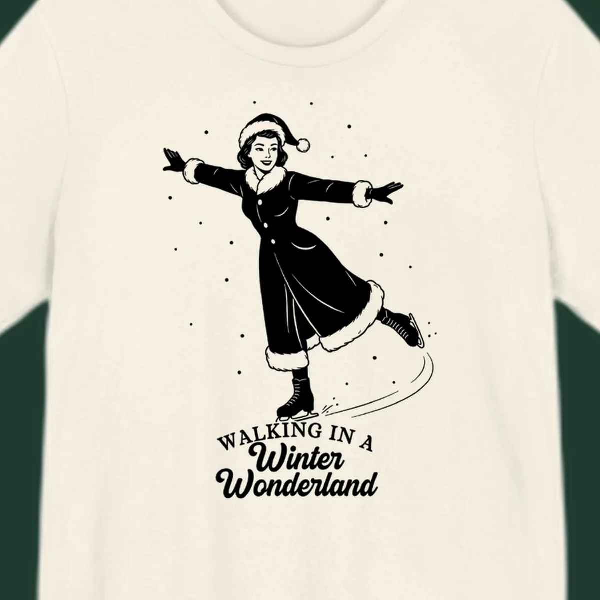 Vintage illustration of a woman ice skating in a winter wonderland with text.