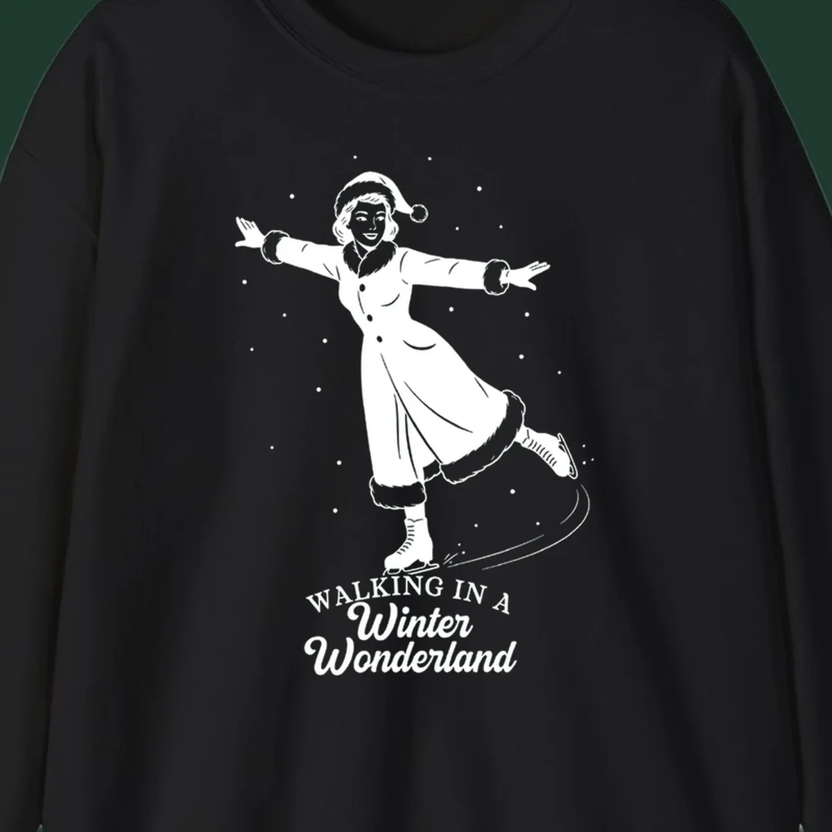 Vintage illustration of a woman ice skating in a winter wonderland with text.