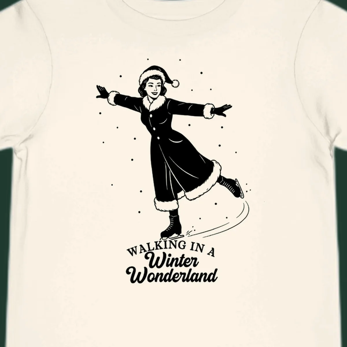 Vintage illustration of a woman ice skating in a winter wonderland with text.