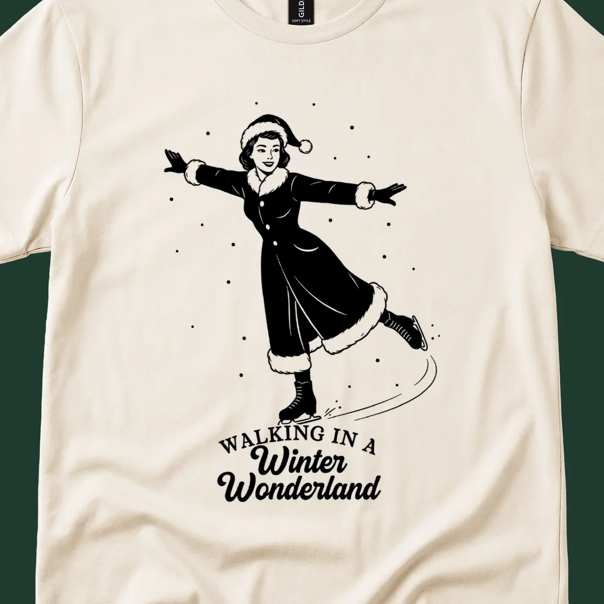 Vintage illustration of a woman ice skating in a winter wonderland with text.