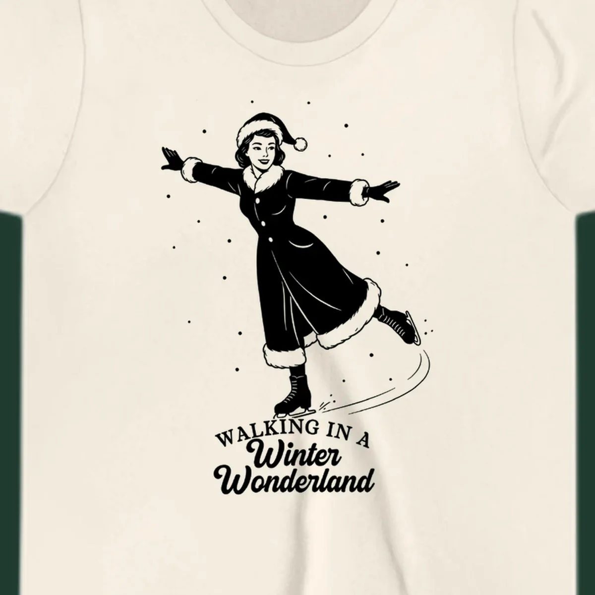 Vintage illustration of a woman ice skating in a winter wonderland with text.