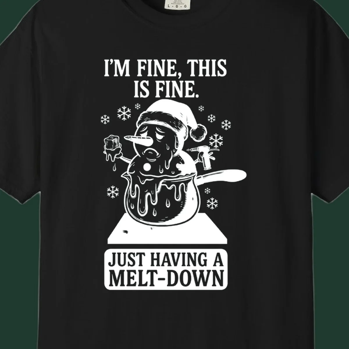Melting snowman in a pot with text 'I'M FINE, THIS IS FINE. JUST HAVING A MELT-DOWN.'