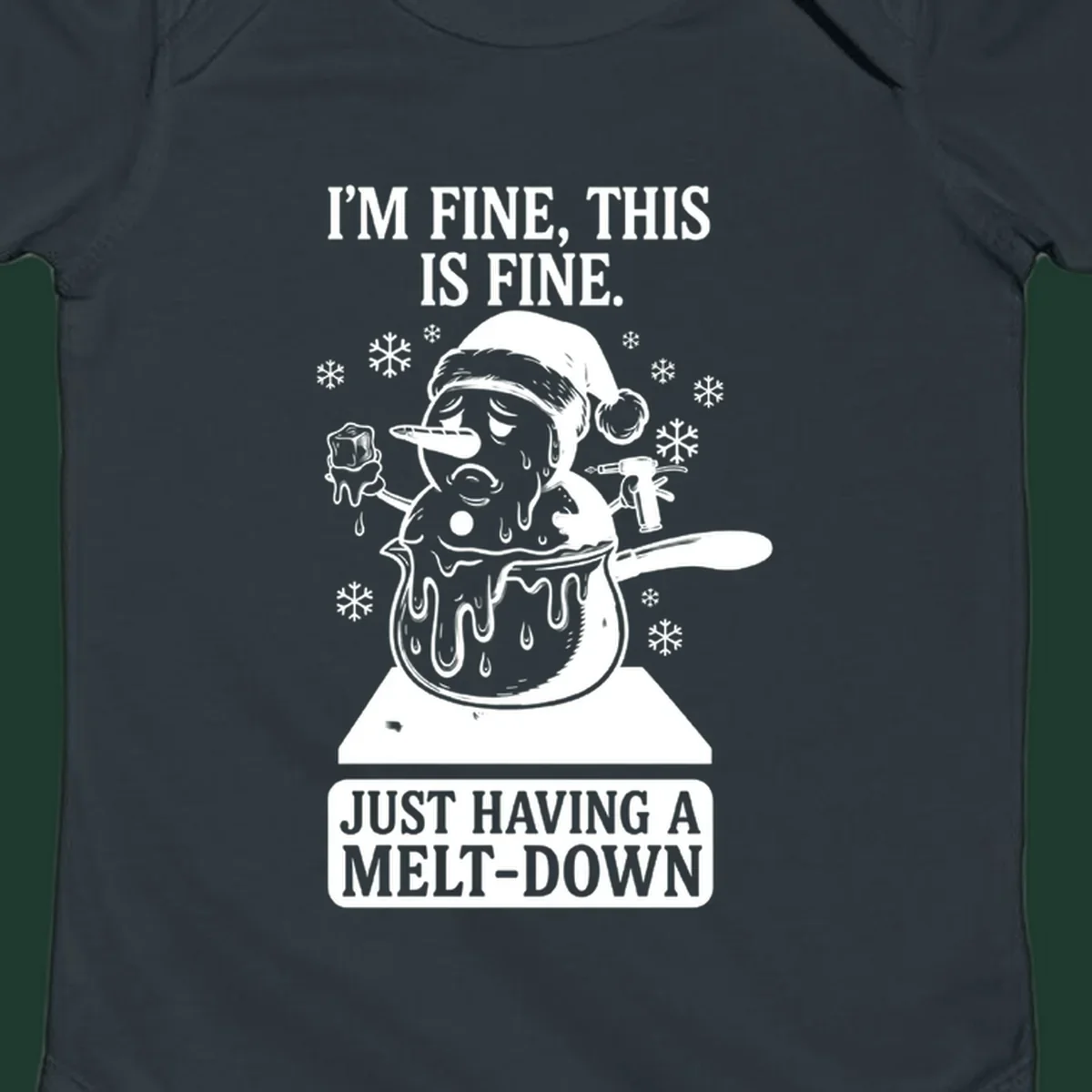 Melting snowman in a pot with text 'I'M FINE, THIS IS FINE. JUST HAVING A MELT-DOWN.'