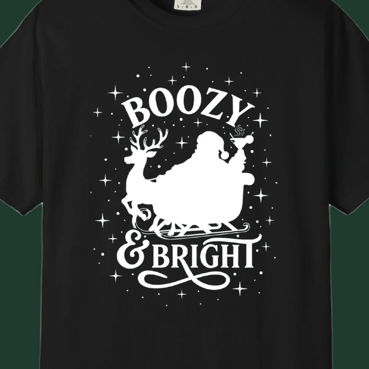 Boozy & Bright Christmas design with Santa, reindeer, sleigh, martini, and stars.