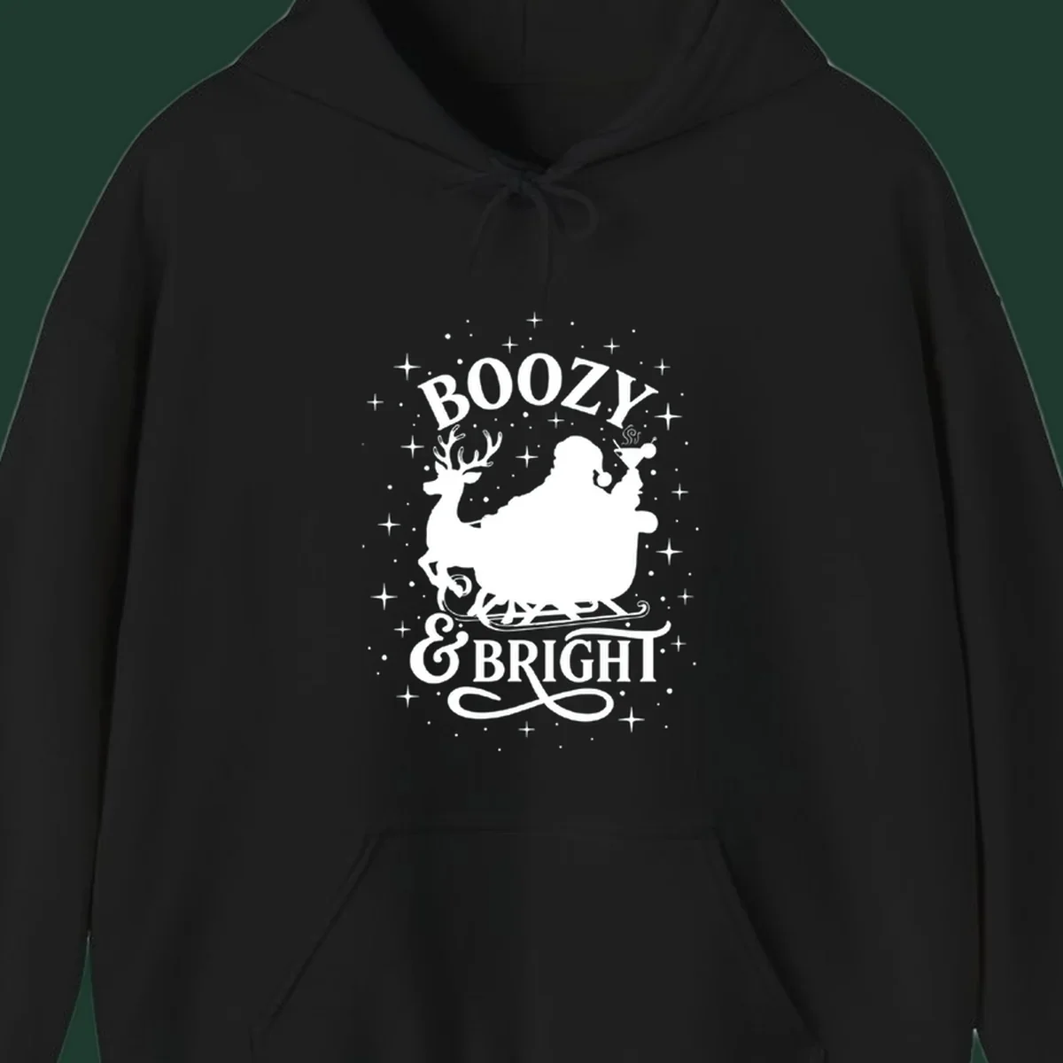 Boozy & Bright Christmas design with Santa, reindeer, sleigh, martini, and stars.