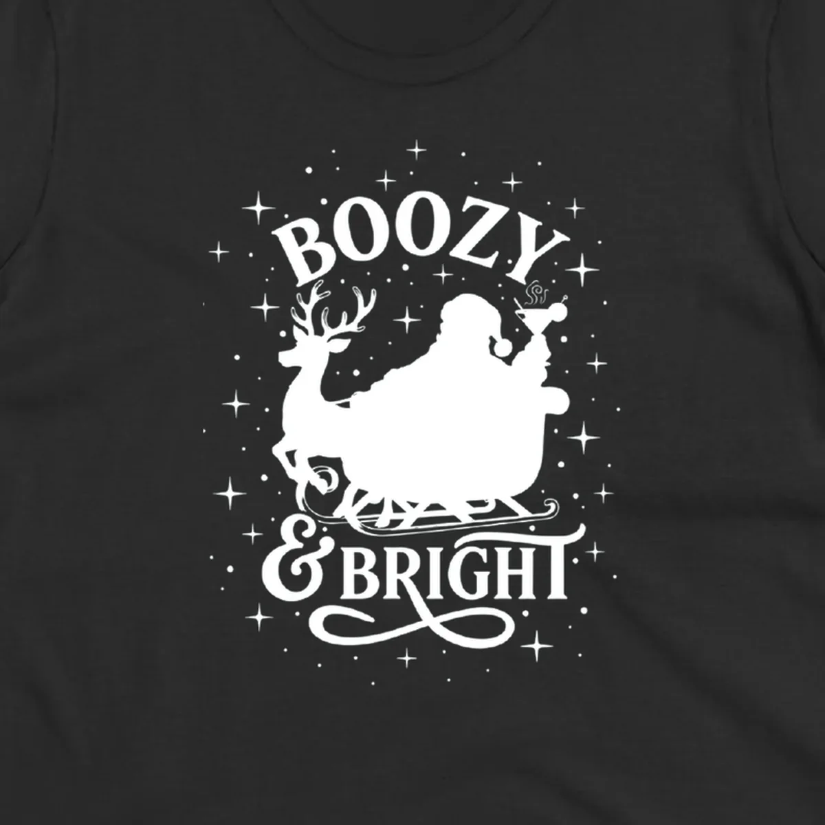 Boozy & Bright Christmas design with Santa, reindeer, sleigh, martini, and stars.