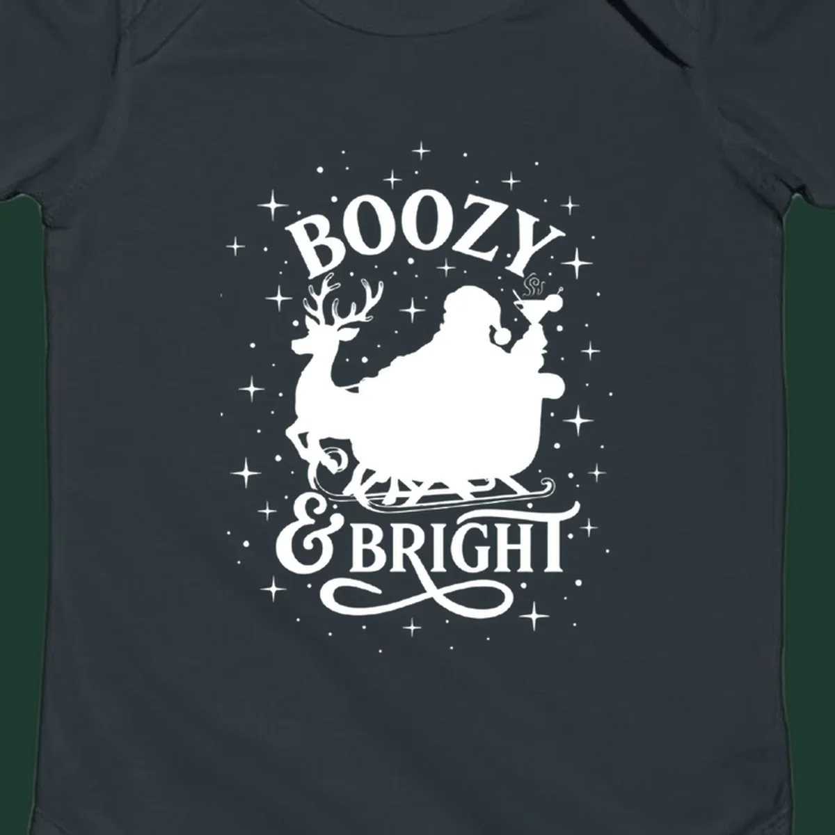 Boozy & Bright Christmas design with Santa, reindeer, sleigh, martini, and stars.