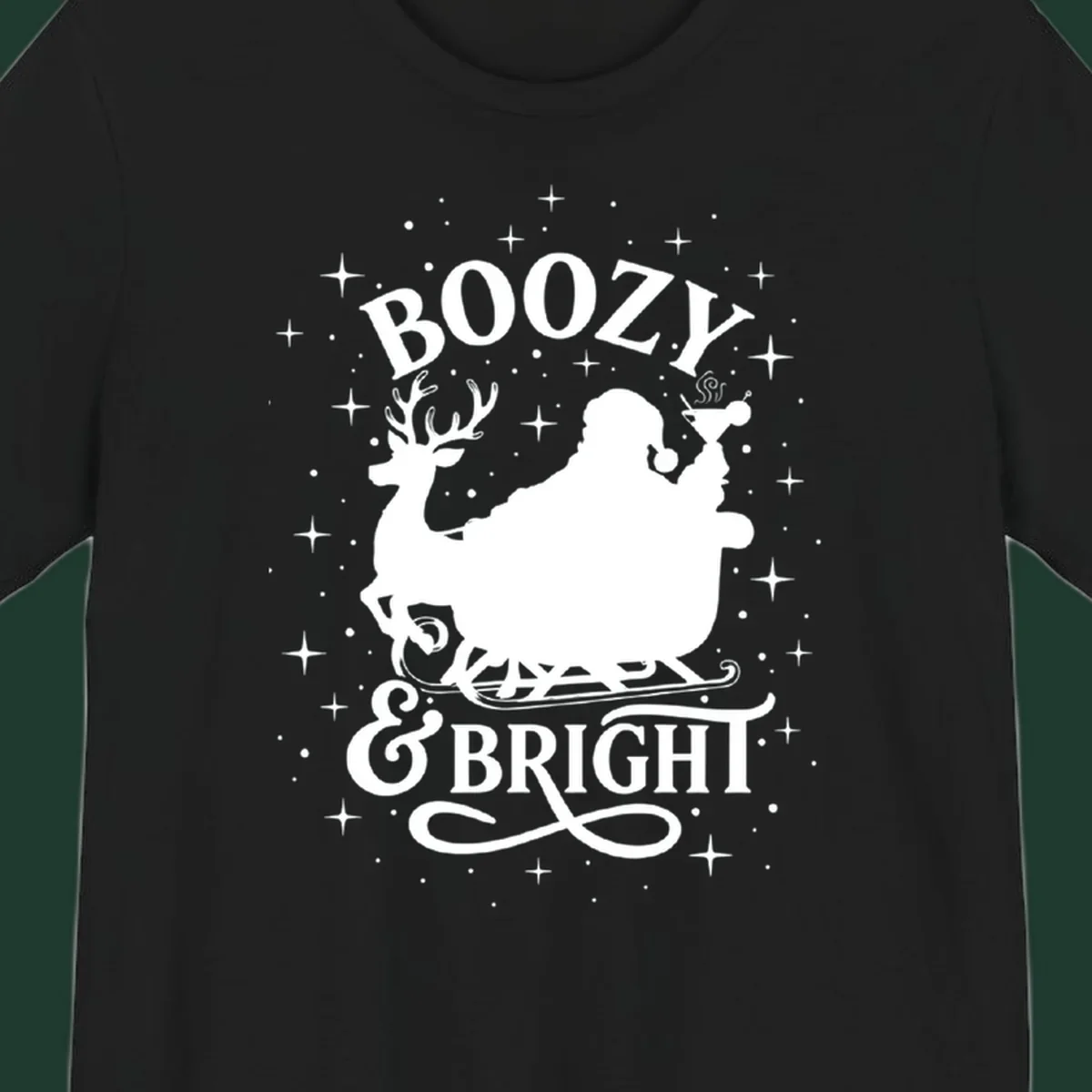 Boozy & Bright Christmas design with Santa, reindeer, sleigh, martini, and stars.
