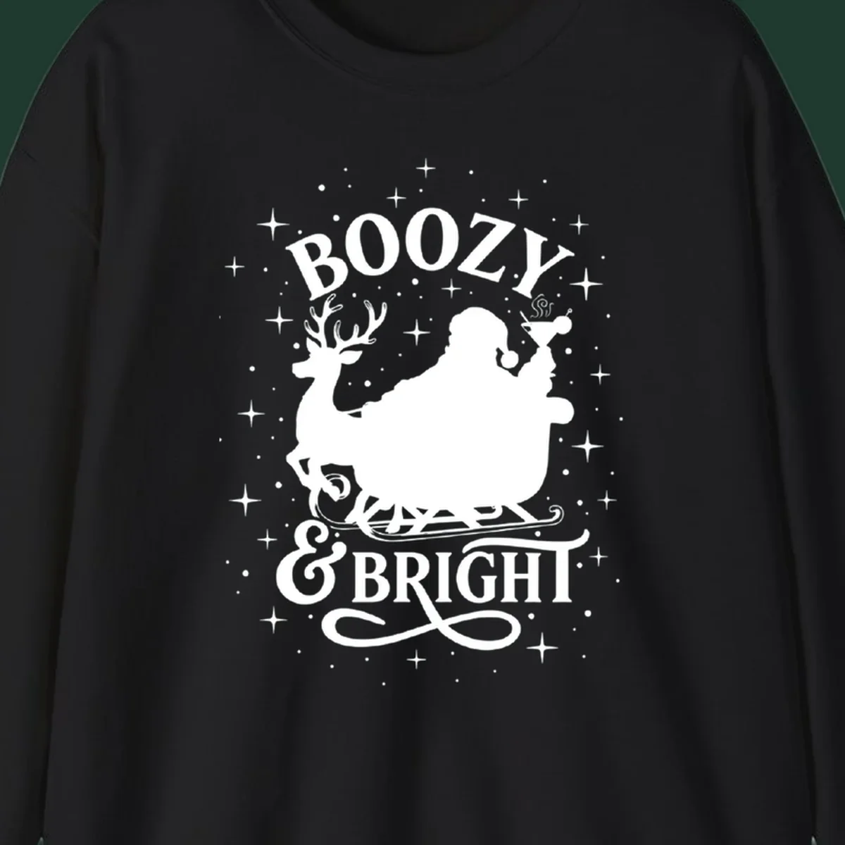Boozy & Bright Christmas design with Santa, reindeer, sleigh, martini, and stars.