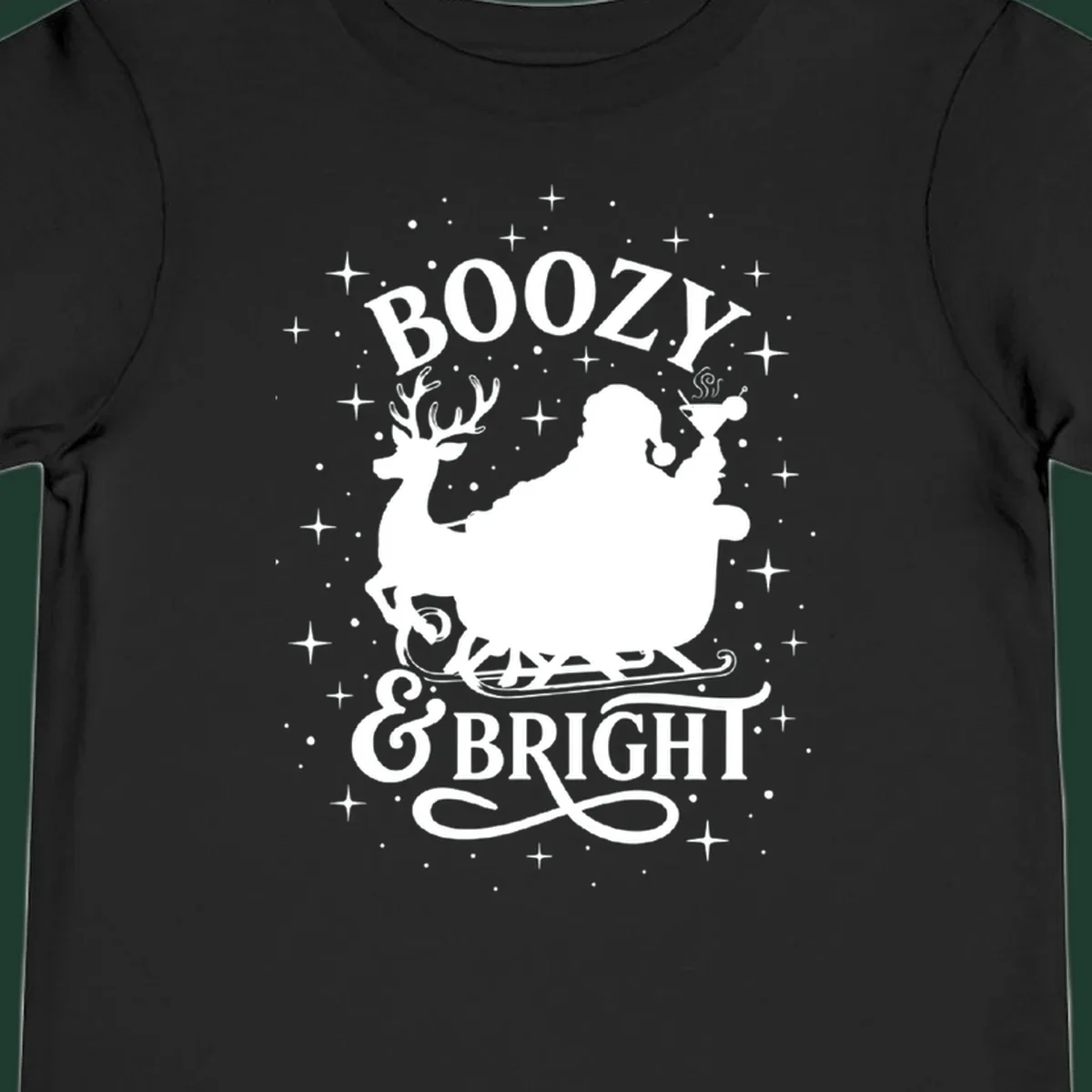 Boozy & Bright Christmas design with Santa, reindeer, sleigh, martini, and stars.