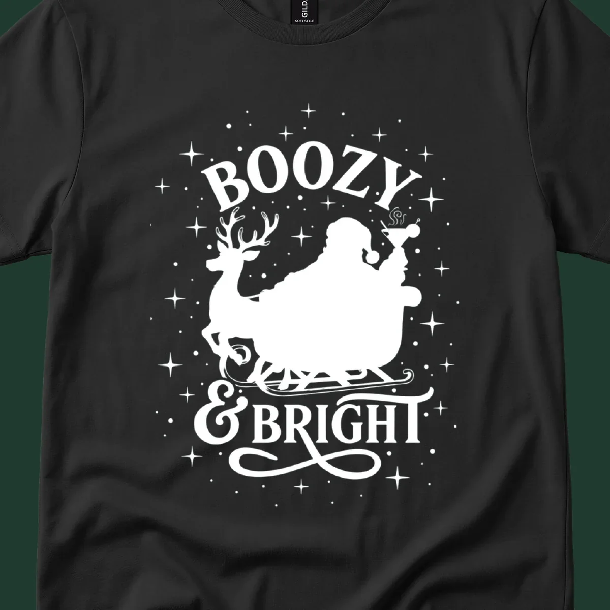 Boozy & Bright Christmas design with Santa, reindeer, sleigh, martini, and stars.