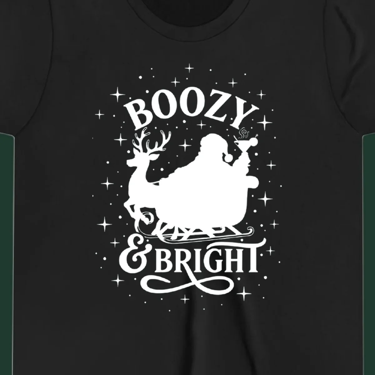 Boozy & Bright Christmas design with Santa, reindeer, sleigh, martini, and stars.