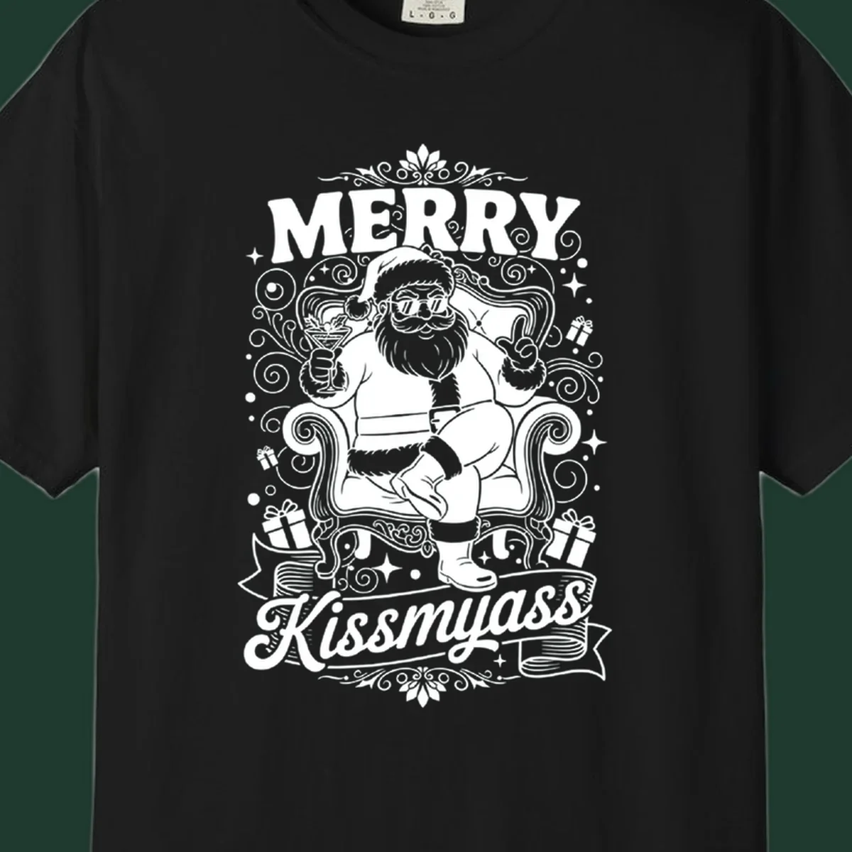 Illustration of Santa Claus with sunglasses holding a cocktail, text says Merry Kissmyass.