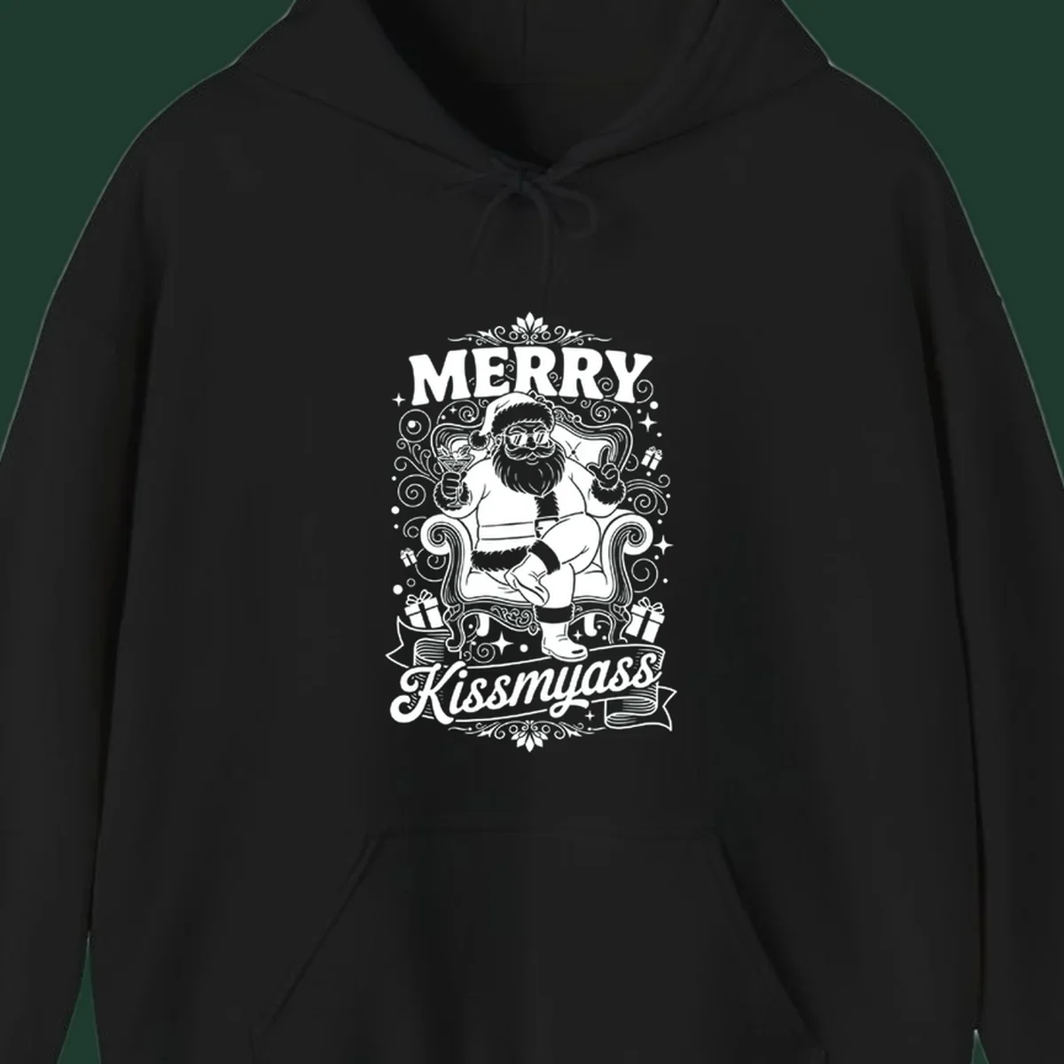 Illustration of Santa Claus with sunglasses holding a cocktail, text says Merry Kissmyass.