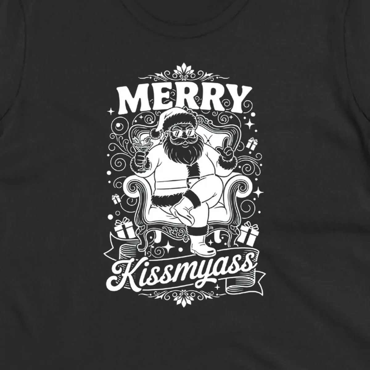 Illustration of Santa Claus with sunglasses holding a cocktail, text says Merry Kissmyass.