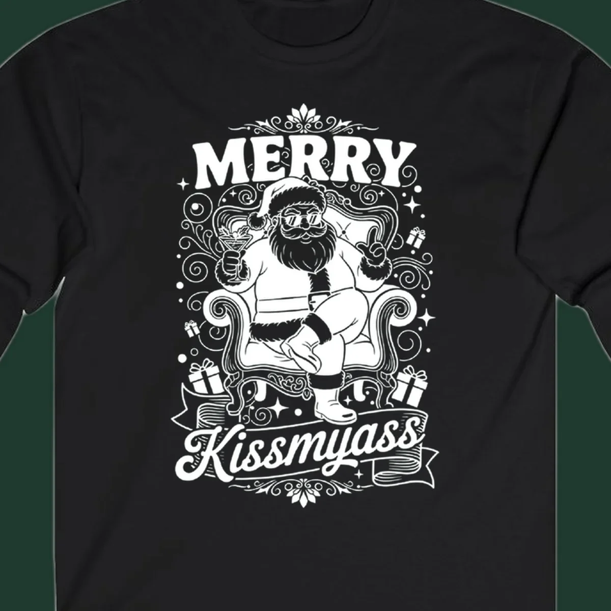 Illustration of Santa Claus with sunglasses holding a cocktail, text says Merry Kissmyass.