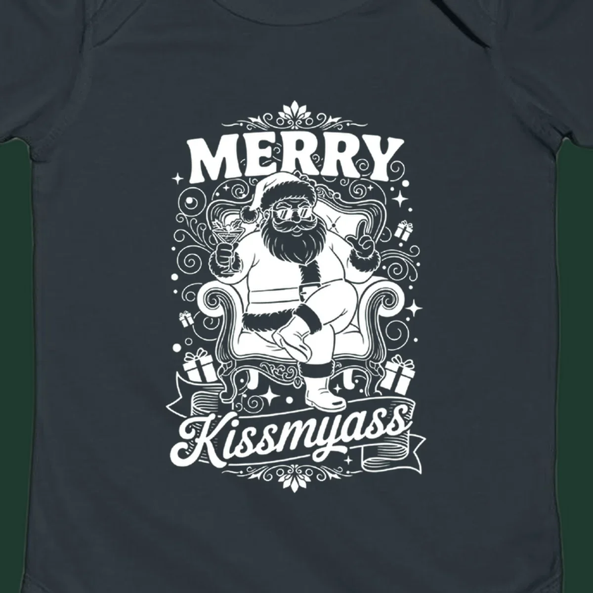 Illustration of Santa Claus with sunglasses holding a cocktail, text says Merry Kissmyass.