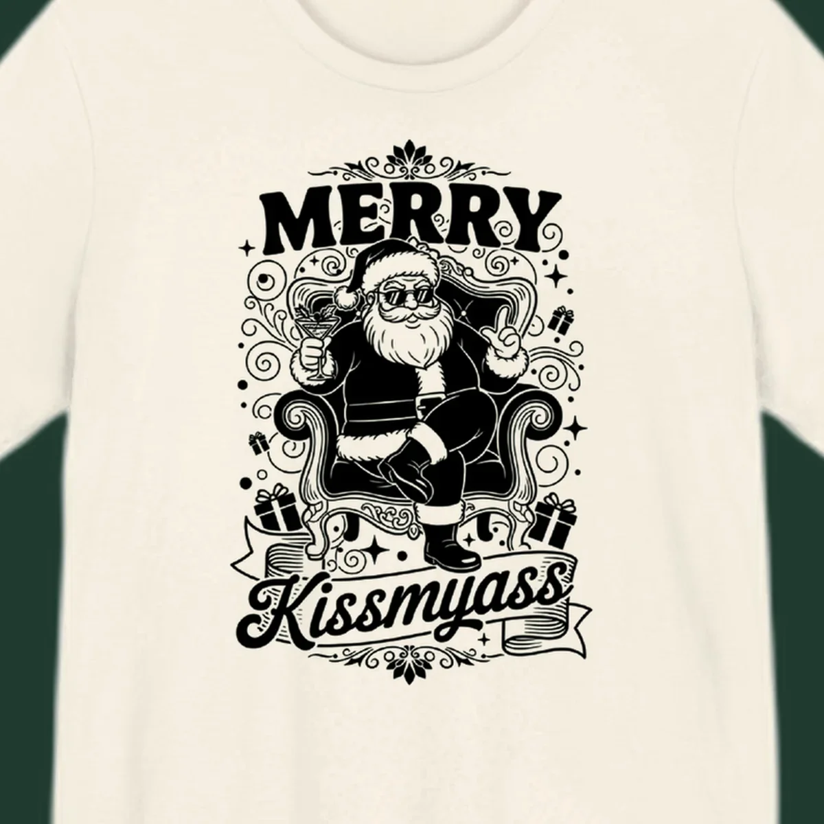 Illustration of Santa Claus with sunglasses holding a cocktail, text says Merry Kissmyass.