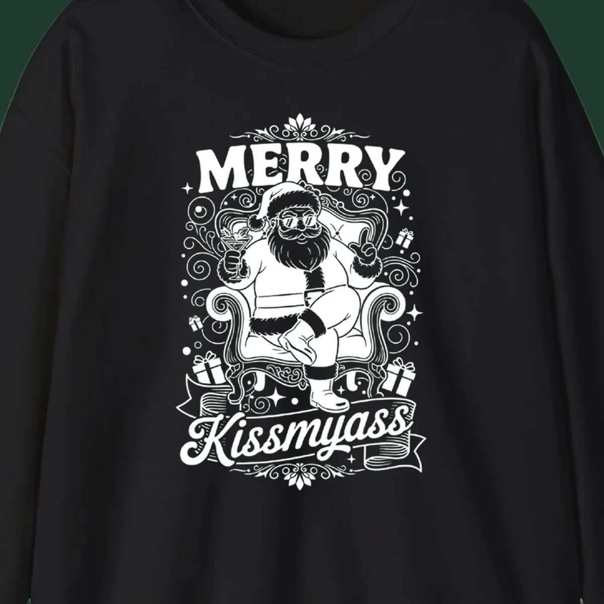 Illustration of Santa Claus with sunglasses holding a cocktail, text says Merry Kissmyass.