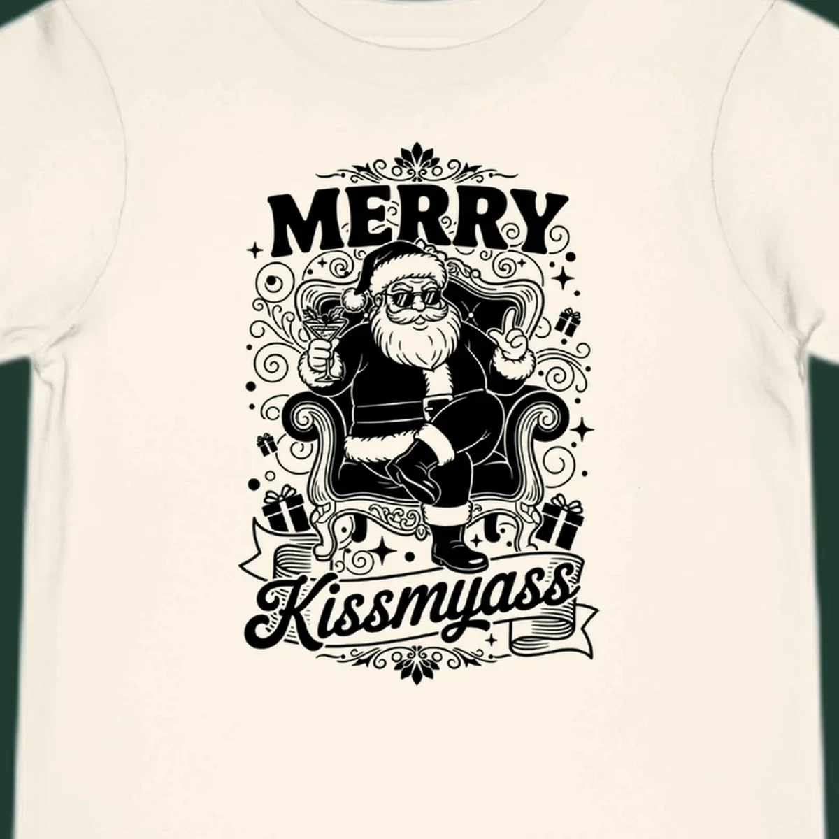 Illustration of Santa Claus with sunglasses holding a cocktail, text says Merry Kissmyass.