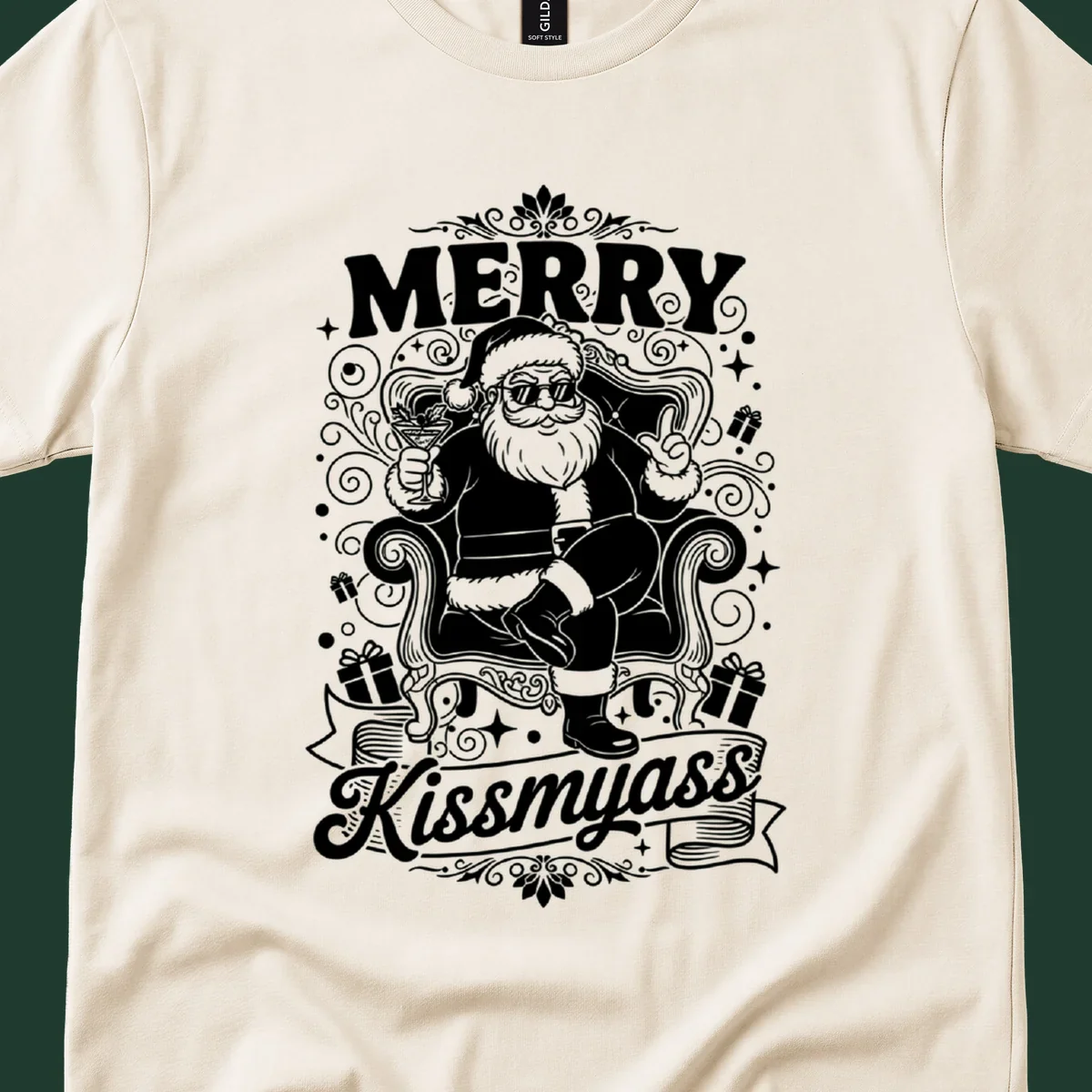 Illustration of Santa Claus with sunglasses holding a cocktail, text says Merry Kissmyass.