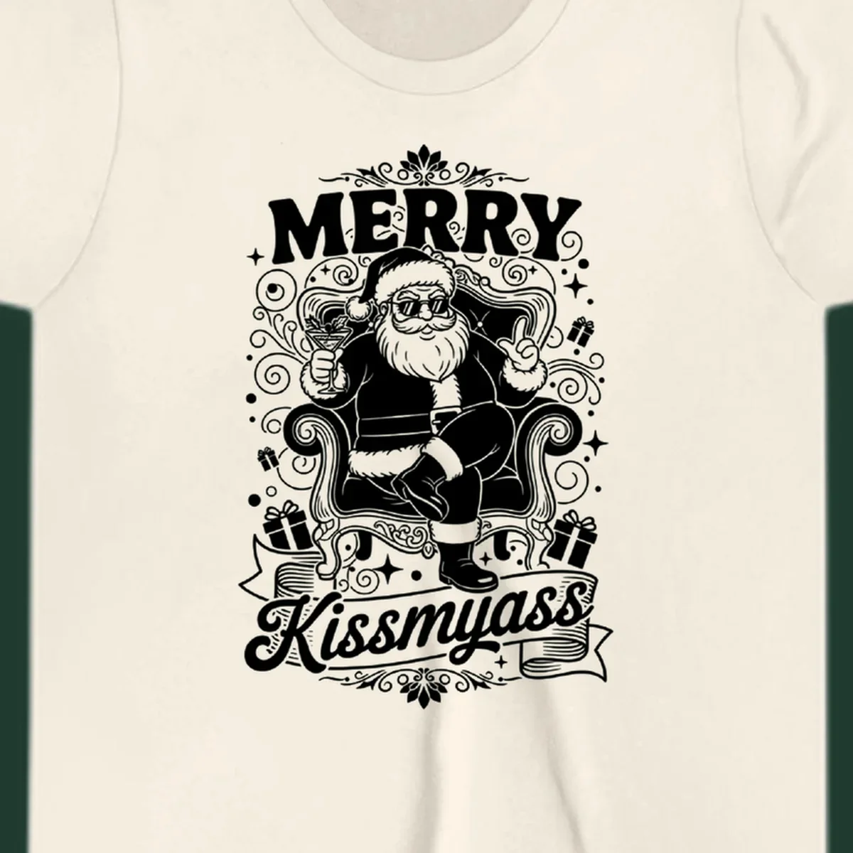 Illustration of Santa Claus with sunglasses holding a cocktail, text says Merry Kissmyass.