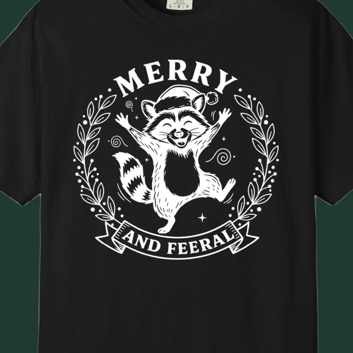 Merry and feral raccoon illustration with Santa hat and wreath. Christmas design.
