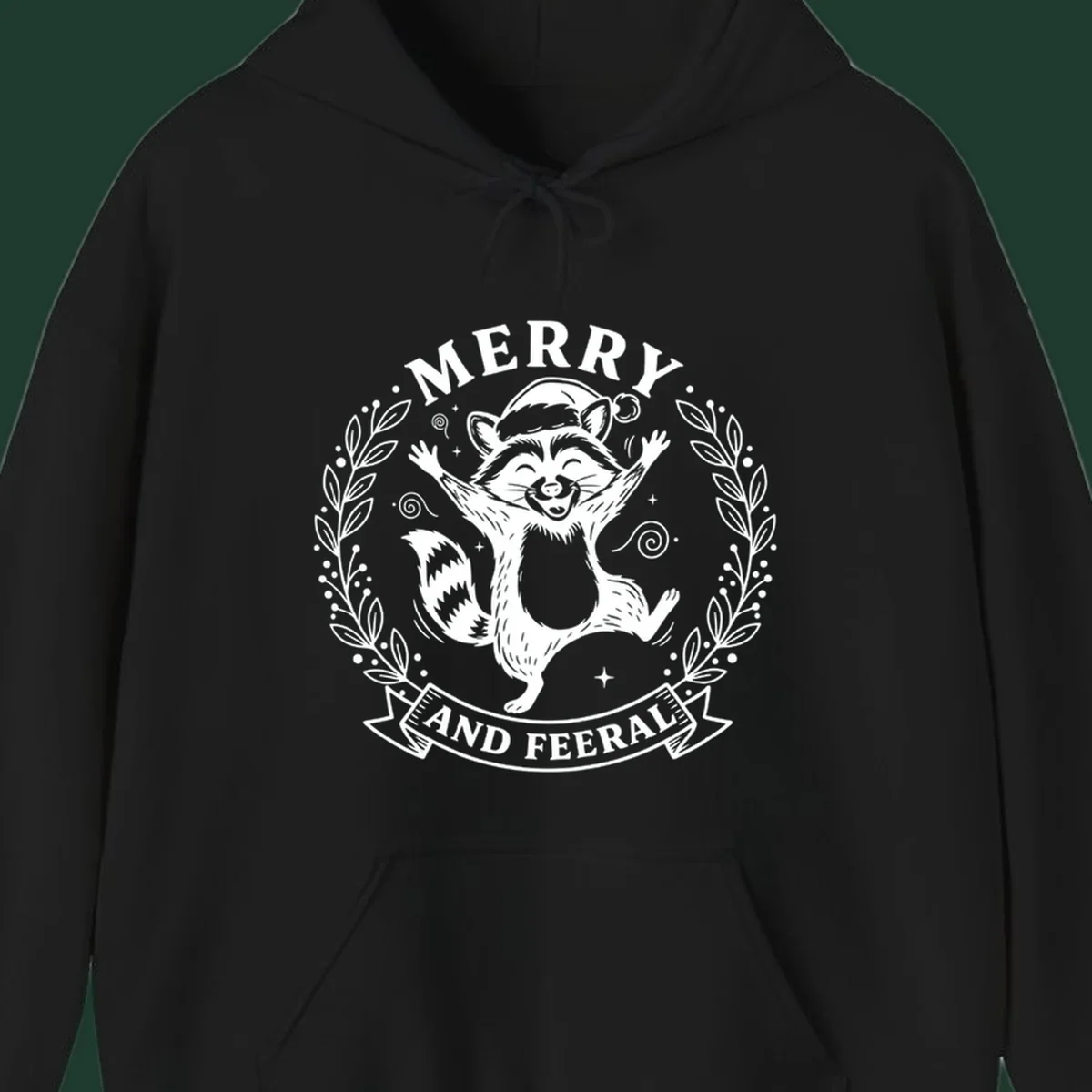 Merry and feral raccoon illustration with Santa hat and wreath. Christmas design.