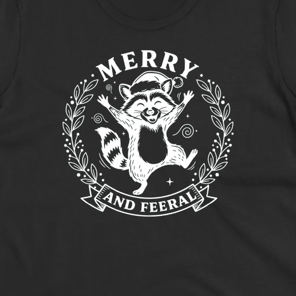 Merry and feral raccoon illustration with Santa hat and wreath. Christmas design.
