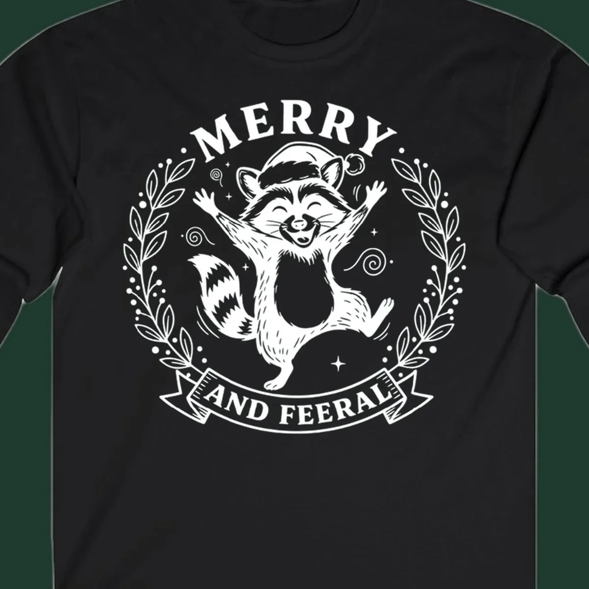 Merry and feral raccoon illustration with Santa hat and wreath. Christmas design.