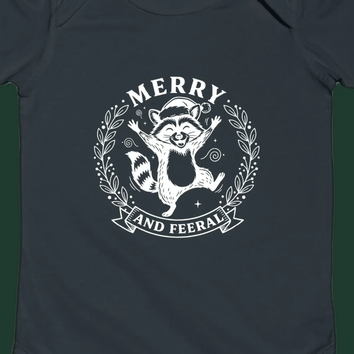 Merry and feral raccoon illustration with Santa hat and wreath. Christmas design.