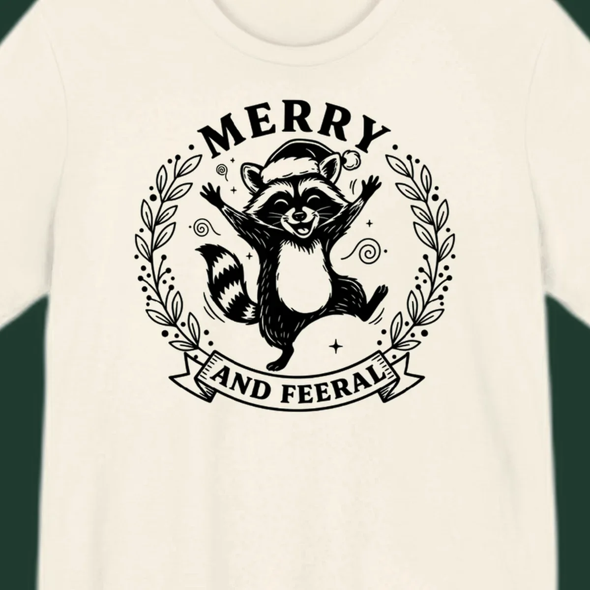 Merry and feral raccoon illustration with Santa hat and wreath. Christmas design.