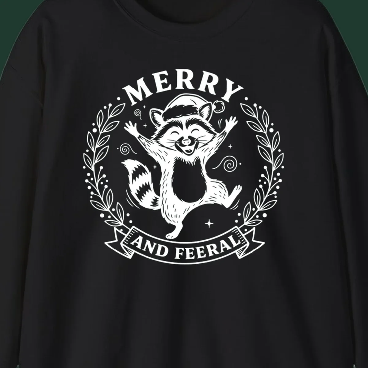 Merry and feral raccoon illustration with Santa hat and wreath. Christmas design.