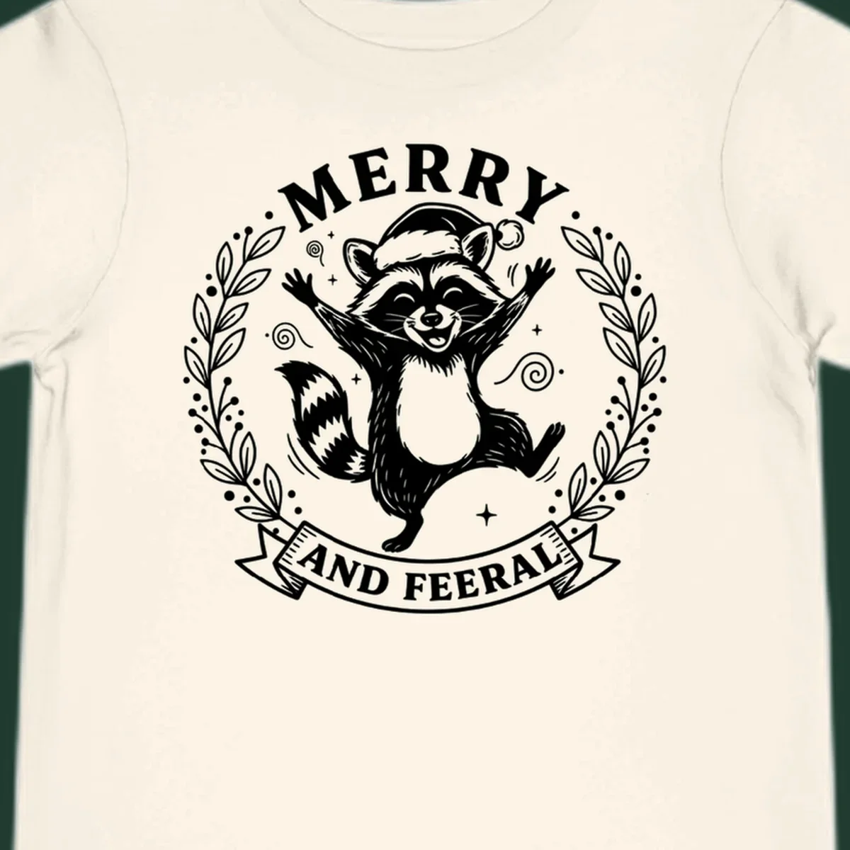 Merry and feral raccoon illustration with Santa hat and wreath. Christmas design.