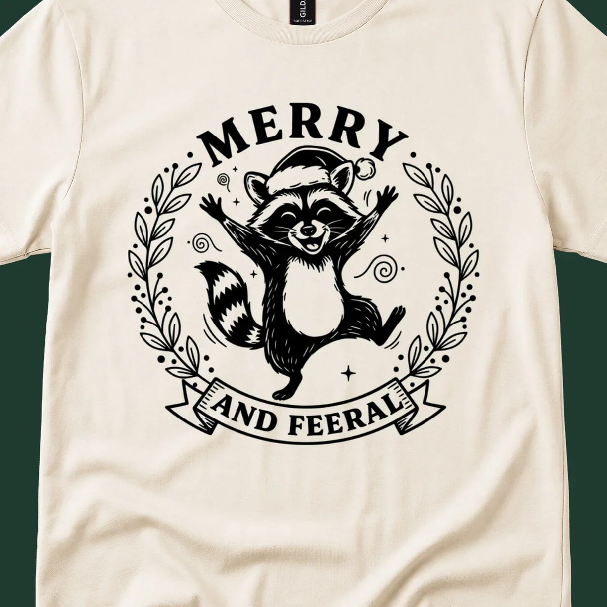 Merry and feral raccoon illustration with Santa hat and wreath. Christmas design.