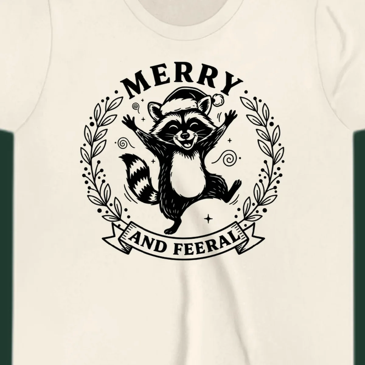 Merry and feral raccoon illustration with Santa hat and wreath. Christmas design.