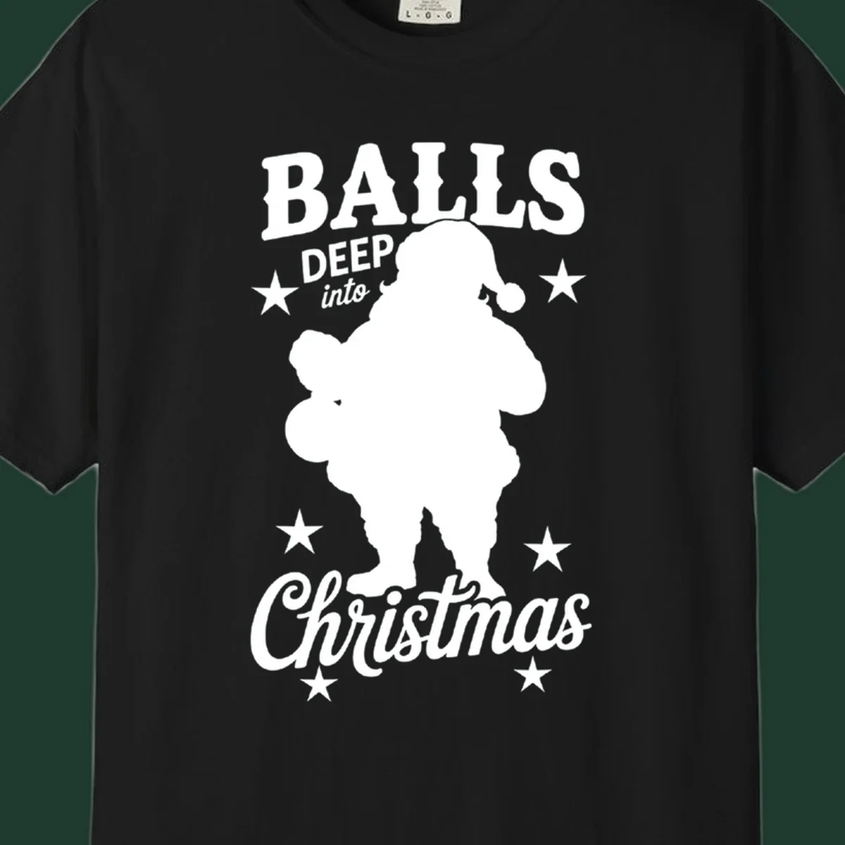 Balls deep into Christmas design with Santa silhouette and stars.