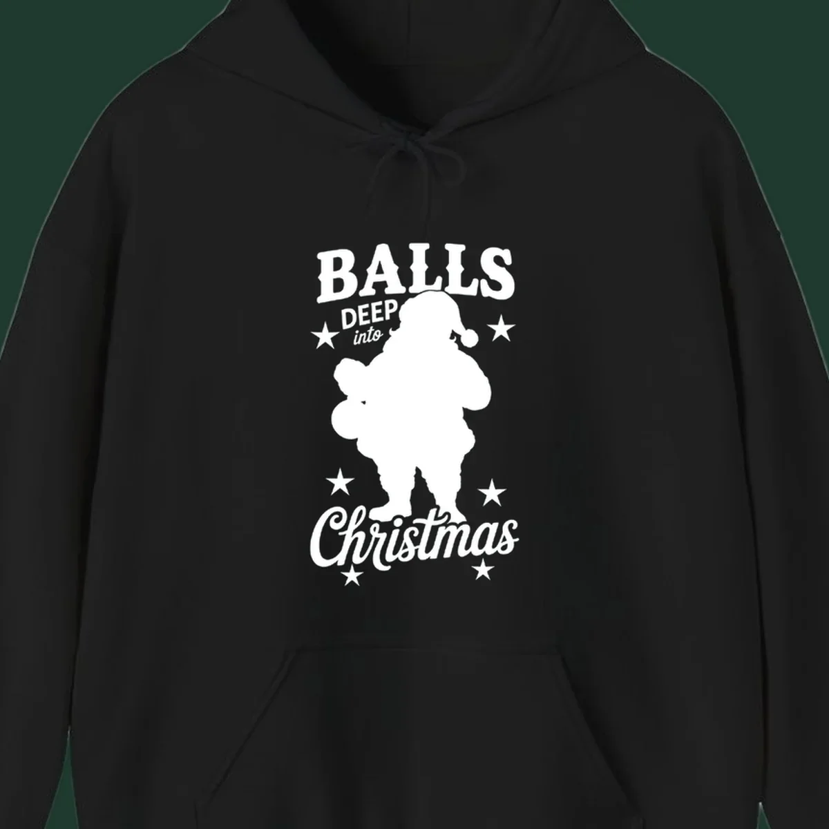 Balls deep into Christmas design with Santa silhouette and stars.