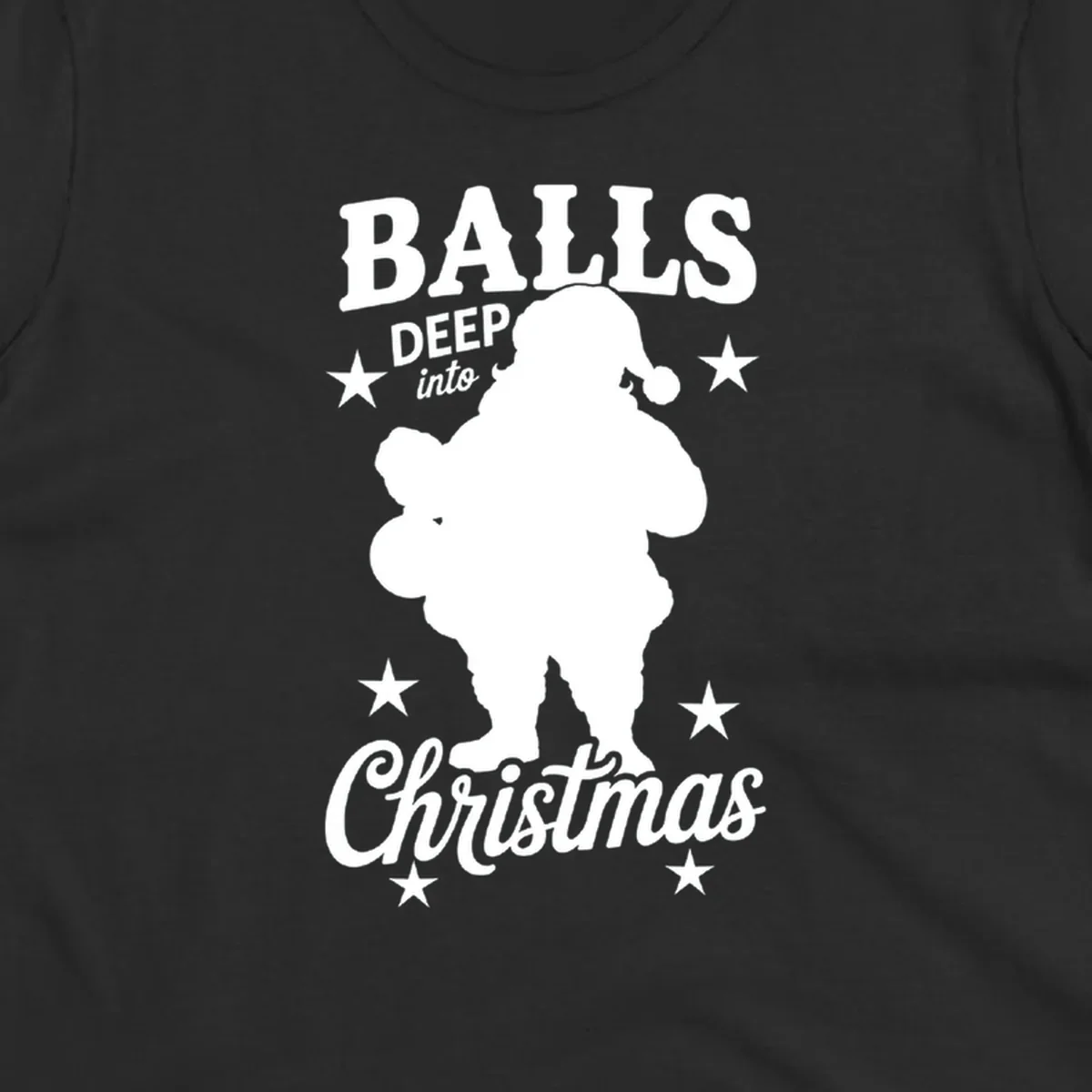 Balls deep into Christmas design with Santa silhouette and stars.