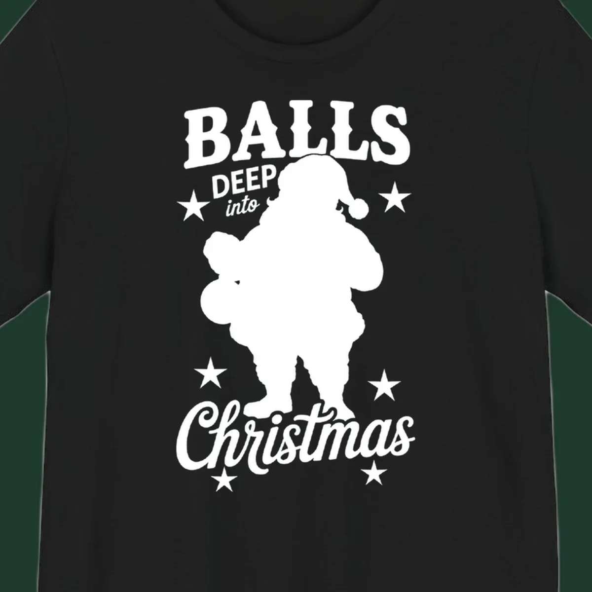 Balls deep into Christmas design with Santa silhouette and stars.