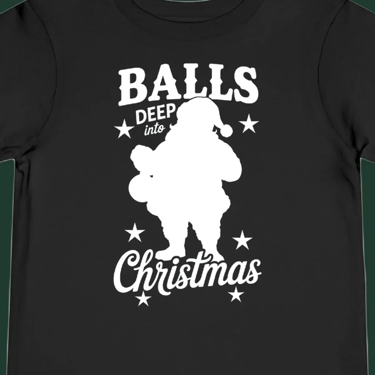 Balls deep into Christmas design with Santa silhouette and stars.