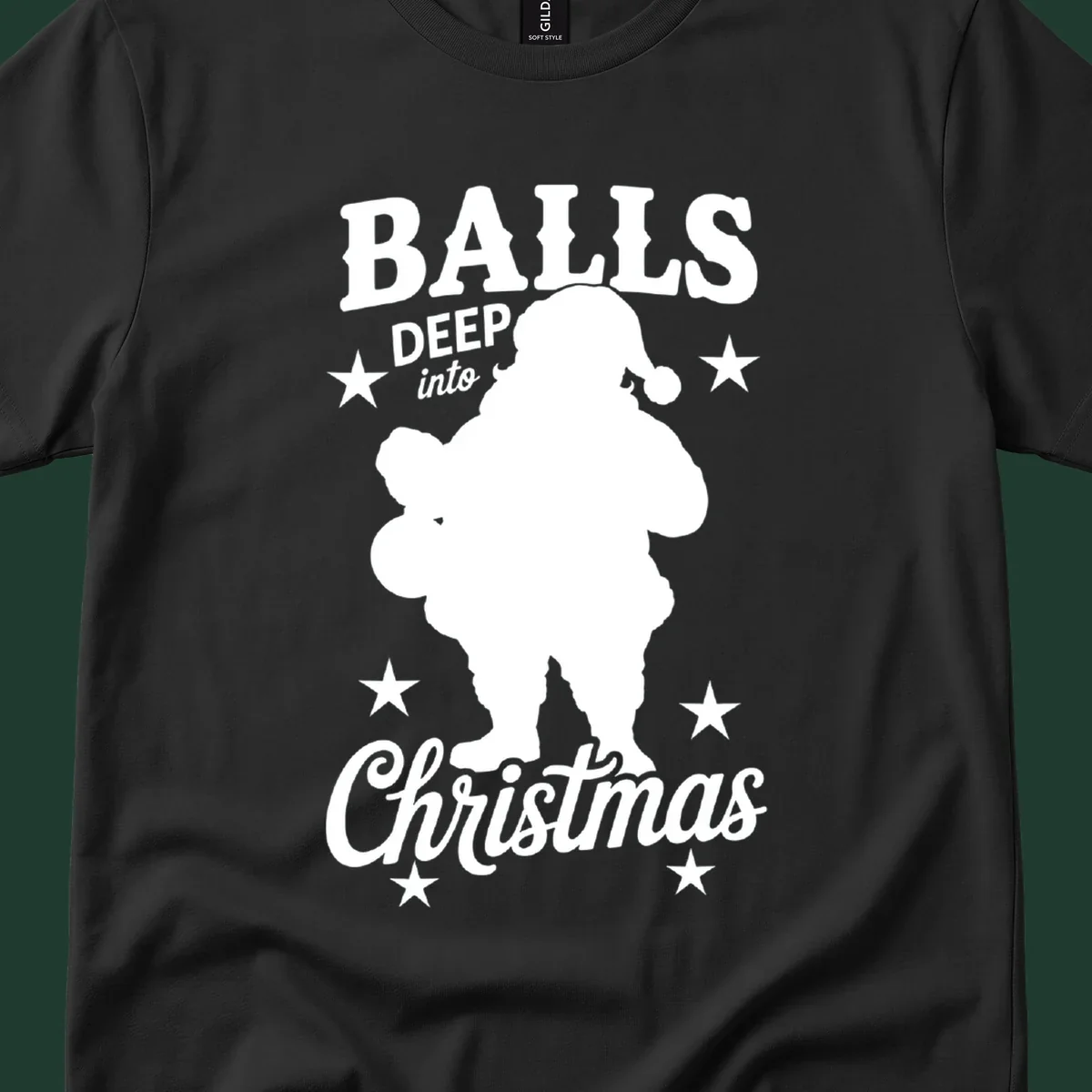 Balls deep into Christmas design with Santa silhouette and stars.