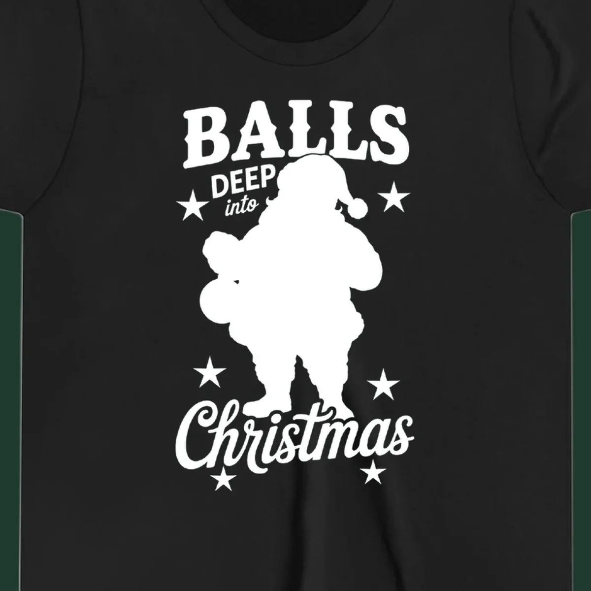 Balls deep into Christmas design with Santa silhouette and stars.