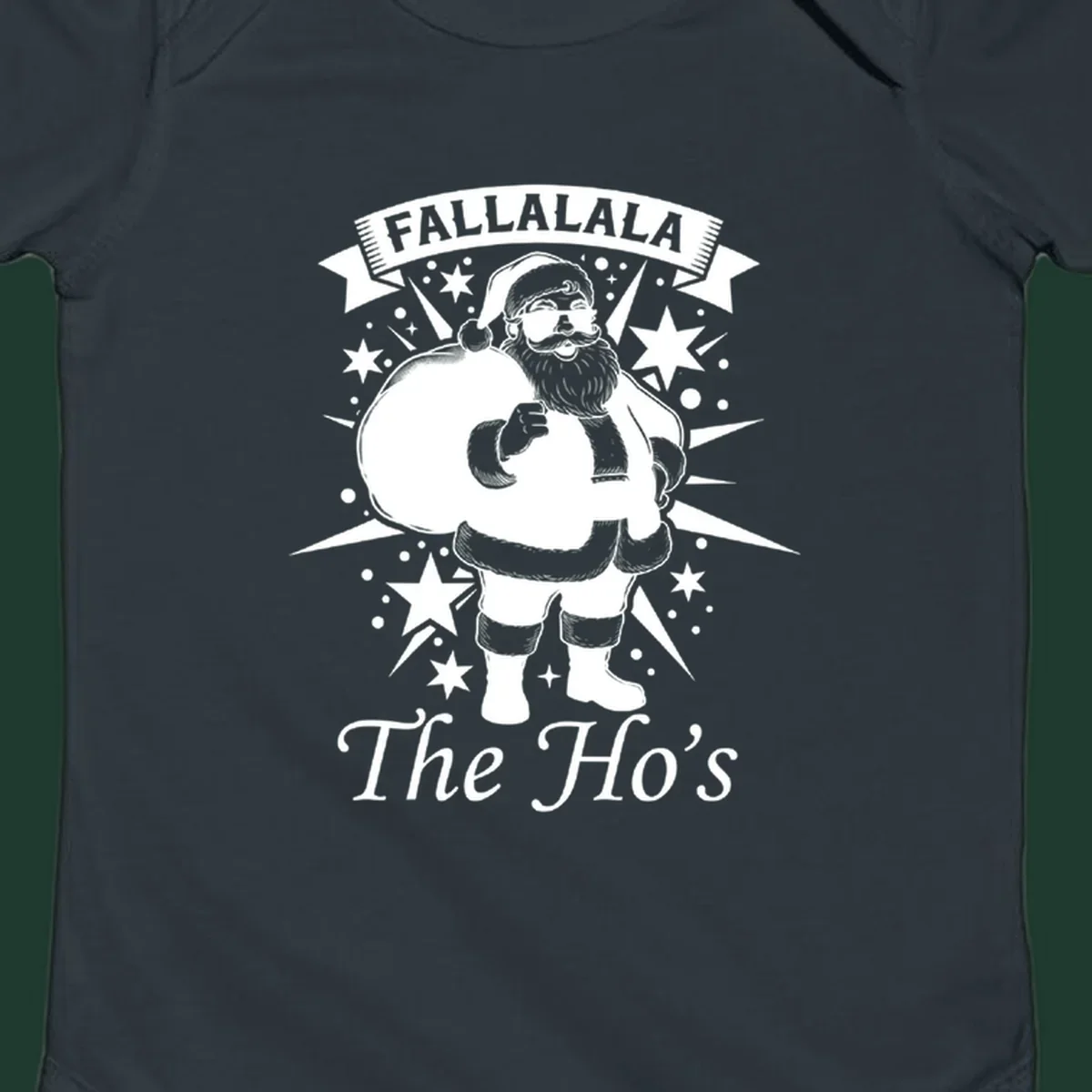 Illustration of Santa Claus with 'FALLALALA The Ho's' text, black and white graphic.