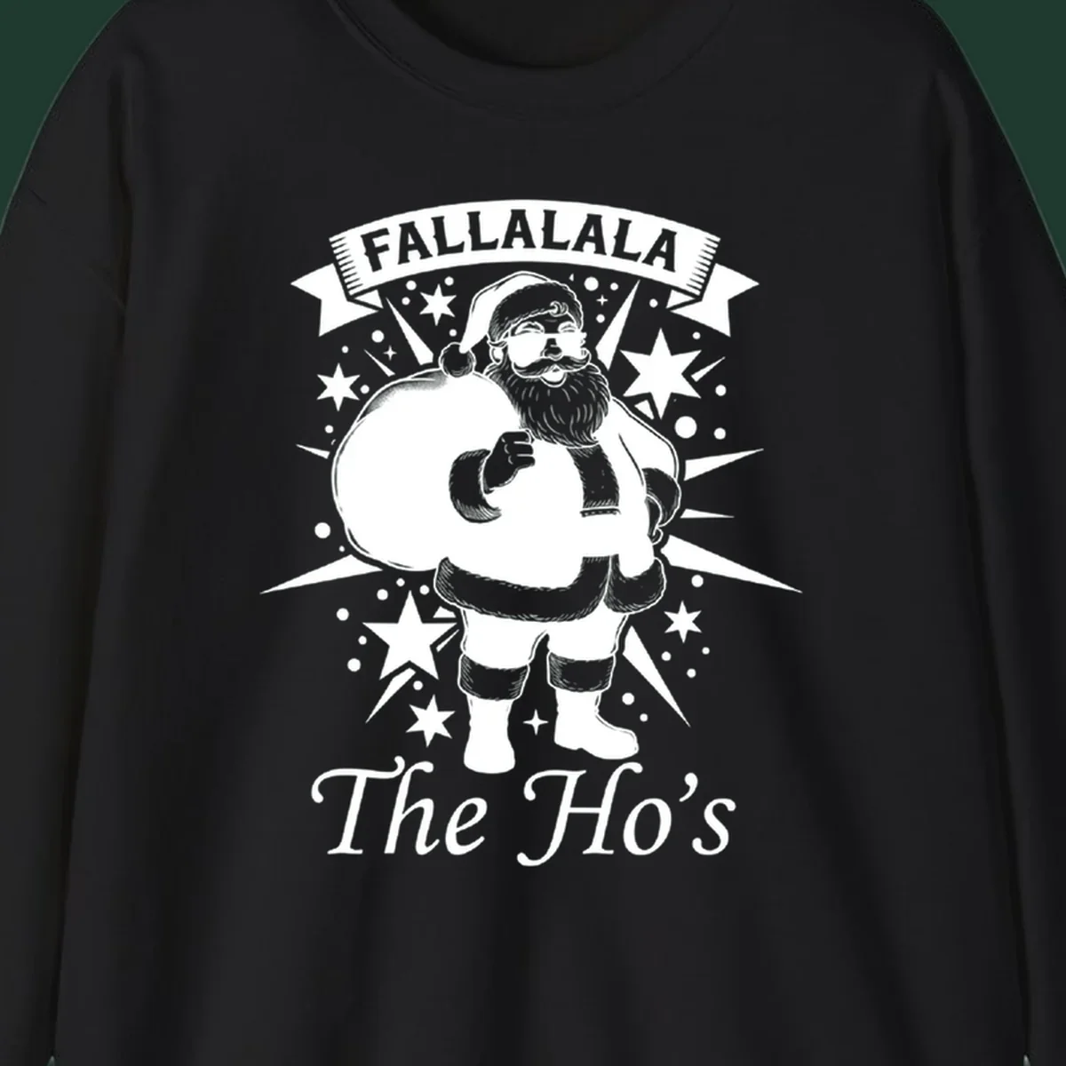 Illustration of Santa Claus with 'FALLALALA The Ho's' text, black and white graphic.
